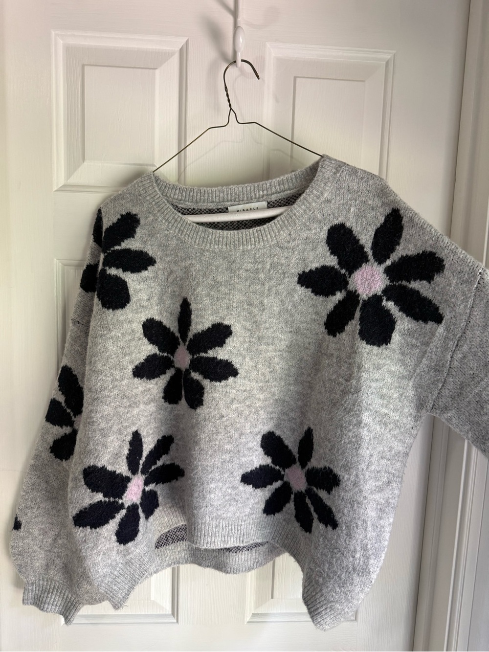 Miracle Heather Gray Floral Crewneck Sweater with Black & Pink Accents